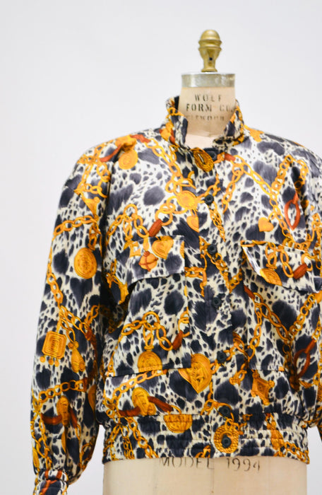 80s 90s Escada Jacket Vintage Silk Animal Dog Dalmatian Print Jacket Vintage Dog Jacket// Vintage Dog Print Bomber Jacket Escada Scarf Print