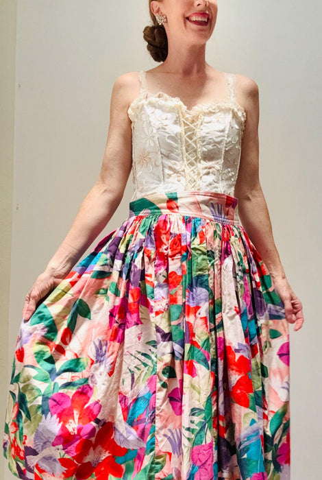 80s Charles Jourdan Vintage Tropical Floral Print Bird Print Skirt Medium Cotton Summer Tropical Beach Cruise Party skirt Made in France