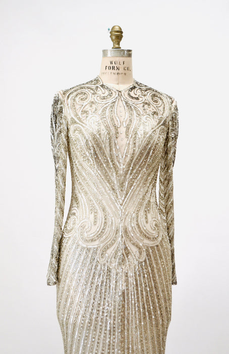 80s 90s Vintage Silver Gold White Cream Beaded Gown Dress Medium Bob Mackie Silk// Vintage Sheer Wedding Gown Beaded Art Deco Medium
