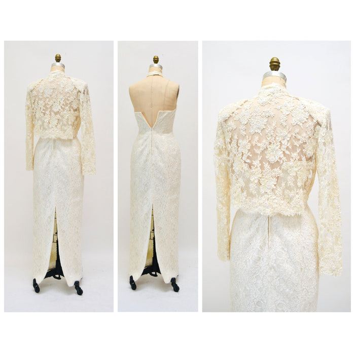 90s Vintage Off White Lace Beaded Party Wedding Gown Beaded Cream White Lace Jacket XS SMALL// Vintage Sequin Lace Wedding Dress Halter Neck