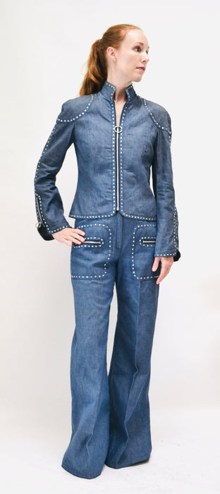 70s Authentic Vintage Rhinestone Denim Jacket shirt Bell Bottom Jeans Pants Set Medium Large by Ayako