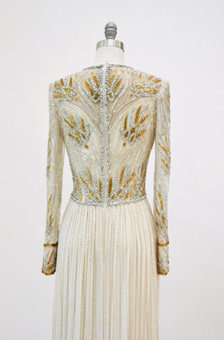 80s 90s Vintage Silver Gold White Cream Beaded Gown Dress Small Medium Bob Mackie Silk// Vintage Wedding Gown Beaded Art Deco Gown Small