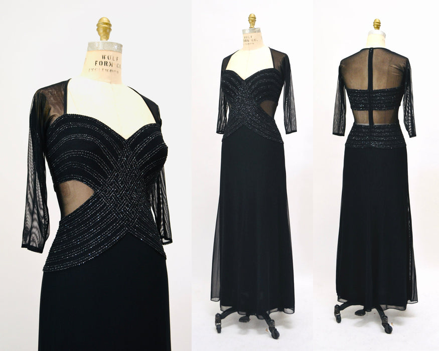 90s Vintage Black Metallic Evening Gown Prom Dress Illusion Dress Small // Black 90s Mesh Cut out Dress Bondage Dress Small Medium Tadashi