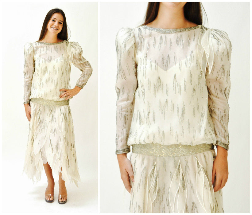 80s does 20s Vintage Beaded Dress Silk Cream Off White Dress Small Medium Ruben Panis// 80s Vintage Beaded Dress Long Sleeve Flapper Dress