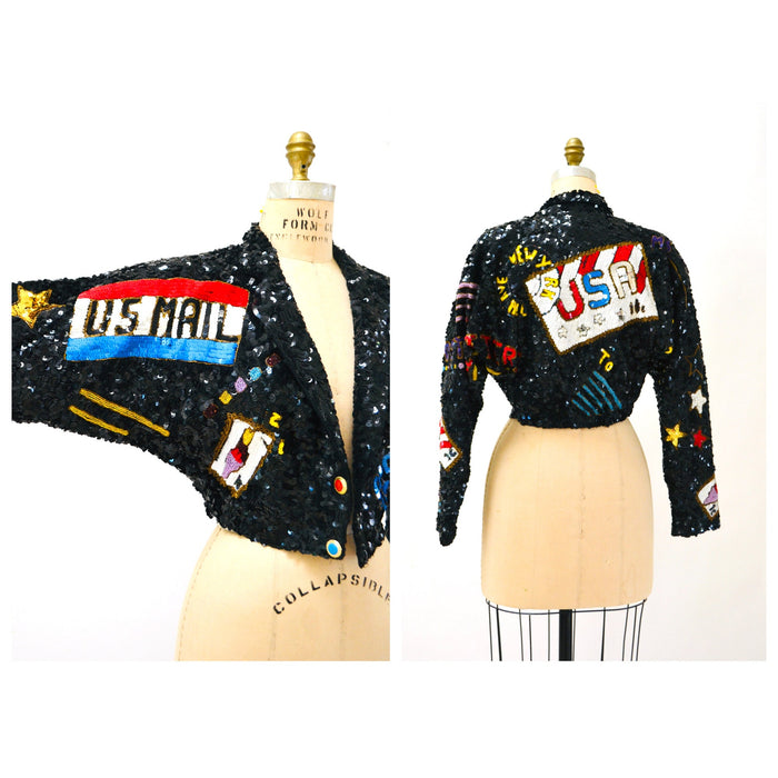 80s 90s Vintage Sequin USA Jacket American Flag USPS Jacket Medium By Modi// Vintage Black Sequin Jacket USA America Olympics Sequin Jacket