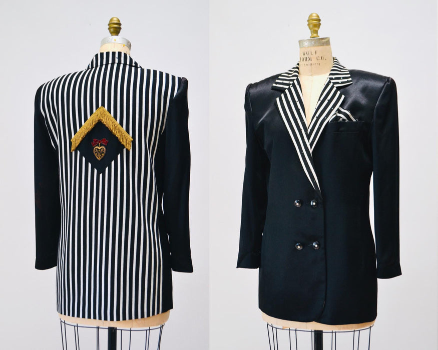 90s Vintage Black White Striped Party Jacket Blazer Medium by Criscione //  90s Black Satin Military Heart Rhinestone Party Jacket Blazer