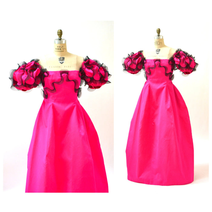 90s Vintage Pink Ball Gown Dress Small Medium By Bill Blass Bergdorf Goodmans Bright Pink Ruffle Gown Dress Off the Shoulder Dress