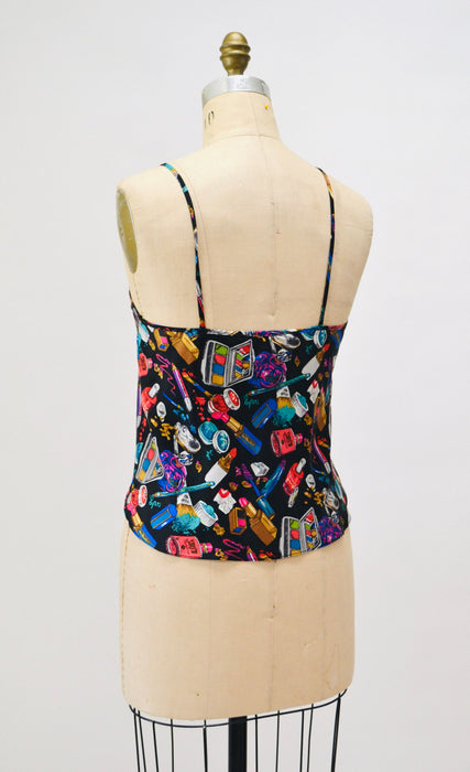 90s Nicole Miller Vintage Silk Tank Top Make UP Lip Stick Cosmetologist Print Small Medium // Vintage Silk Cami lingerie Make up Print