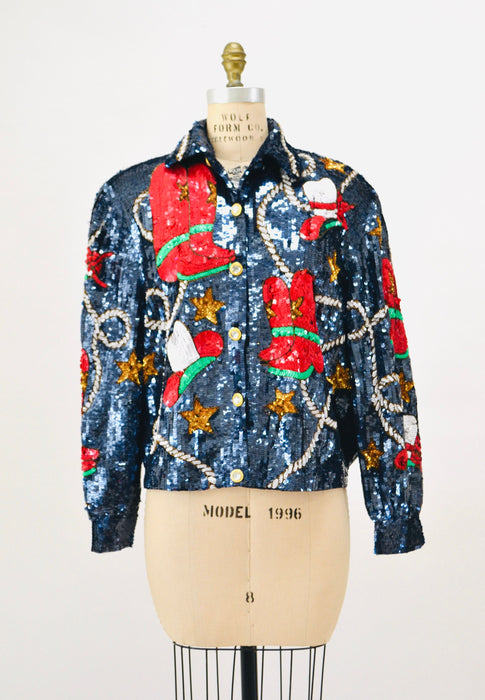 80s 90s Vintage Sequin Jacket Large Blue Metallic Gold Stars Rodeo Rhinestone Cowboy Cowgirl Sequin Jacket USA America Stars Rodeo Modi