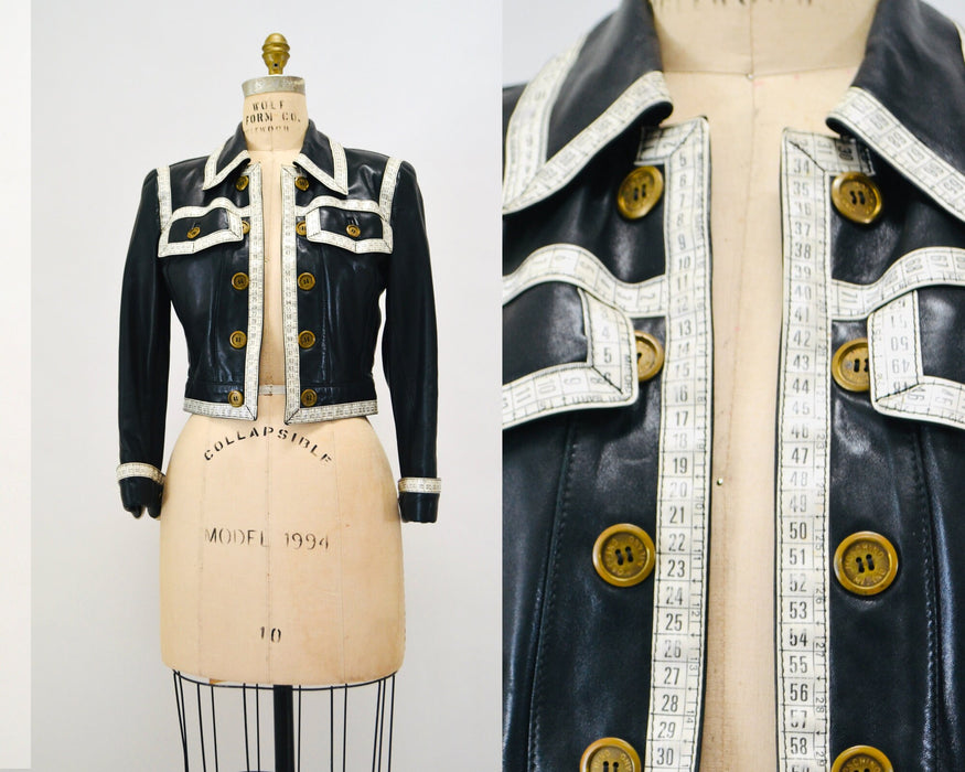 90s Vintage Black Leather Jacket by Moschino Leather Small Made in Italy// 90s Black Leather Jacket Tape Measure Trim Designer Seamstress