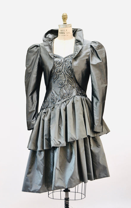 80s 90s Vintage Gray Silk Party Dress And Ruffle Jacket Beaded Rhinestone 90s Cocktail Dress Jacket Small Medium By Mary Jane Denzer