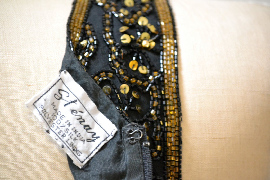 Vintage Beaded Dress Size Medium Large Black and Gold Art Deco// 90s Prom Dress Black Metallic Body Con Beaded dress Size Medium Large
