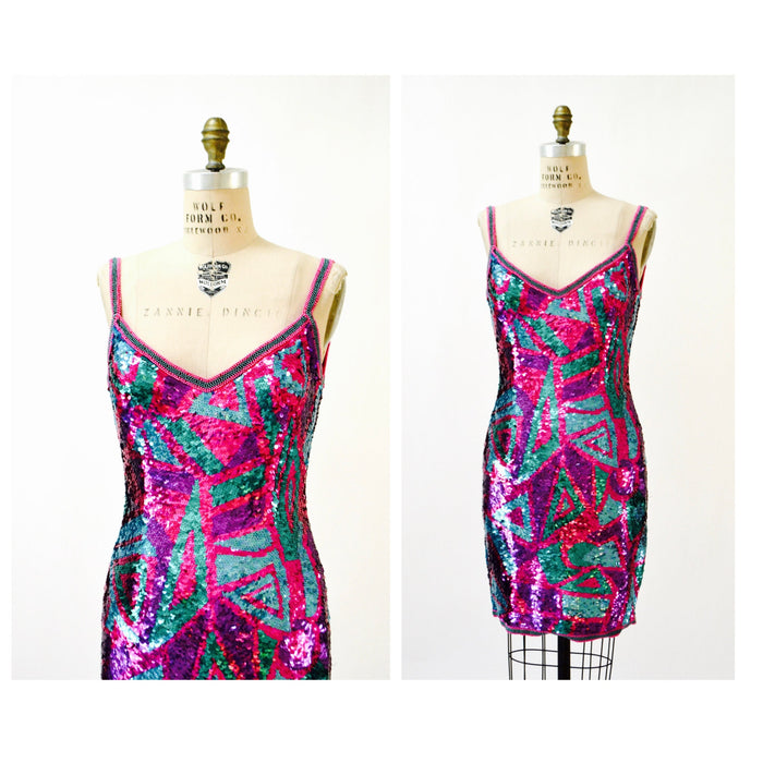Vintage Sequin Dress Metallic Dress Pink Purple Sequin Dress XS Small // 90s Prom Dress Sequin Dress Sleeveless BodyCon Alyce Designs