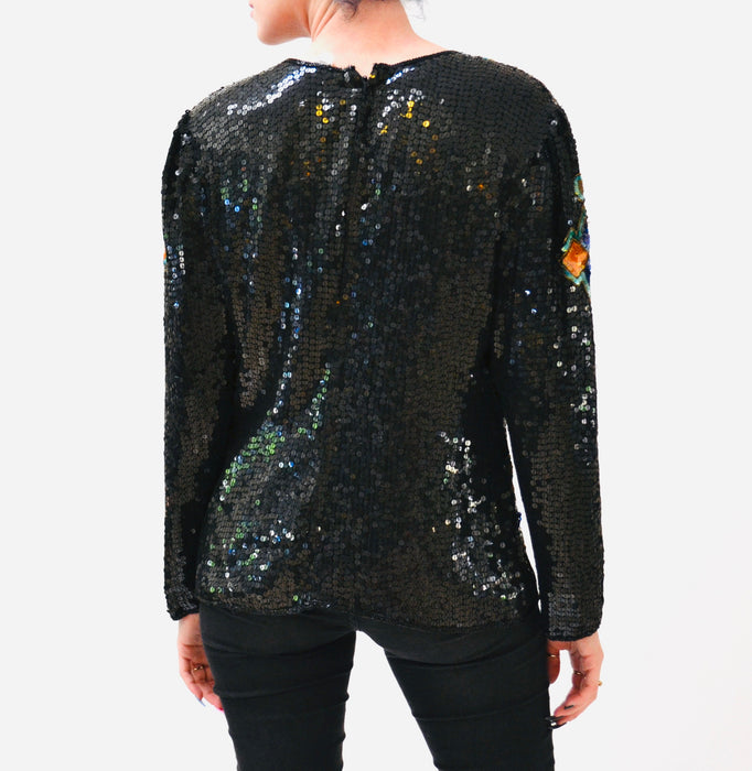 Vintage Metallic Black Sequin Shirt Art Deco Flapper Disco Medium Large// Vintage Black Sequin Shirt Top Long Sleeves Scala 80s 90s Party