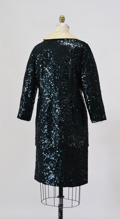 50s 60s Vintage Black Sequin Dress and Jacket Small Medium 1950s 60s Wedding Cocktail Sequin Dress Jacket Suit Miss Ruth Cream Sequin Collar
