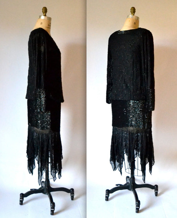 80s 90s Vintage Black  Sequin Beaded Dress Flapper Art Deco Party Dress Silk Medium// 80s does 20s Black Vintage Flapper Dress Long Sleeve