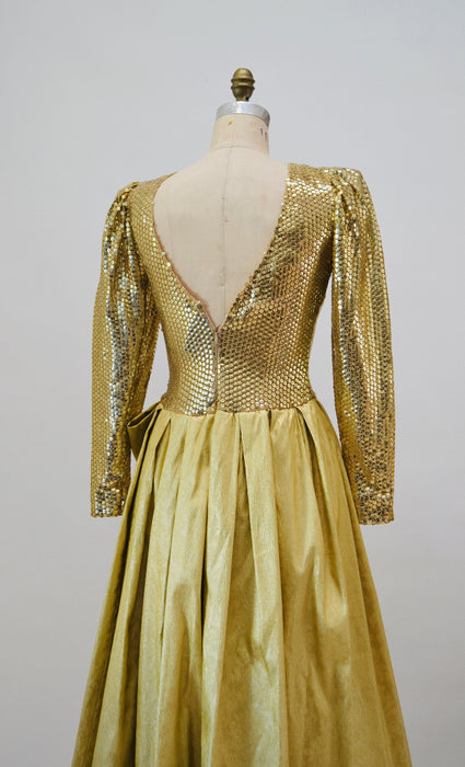 70s 80s Gold Sequin Metallic Ball Gown Dress 80s Gold Sequin Prom Dress Small Medium By Mignon // 80s Vintage sequin Gold Pageant Dress