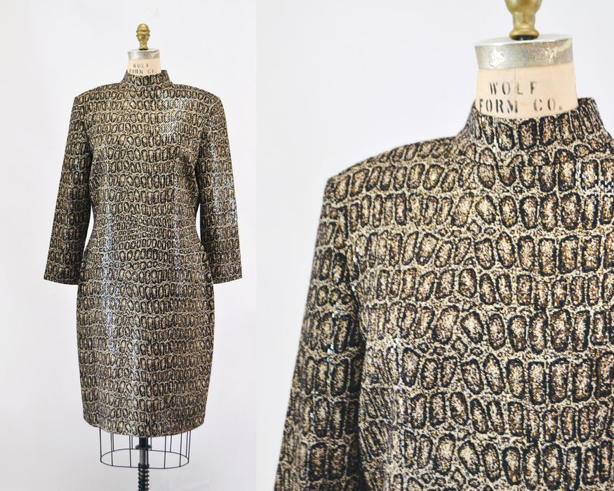 90s Vintage Animal Print St John Dress Metallic Knit Dress St John // Animal Print Metallic Party Dress Sweater Knit Dress 12 Medium Large
