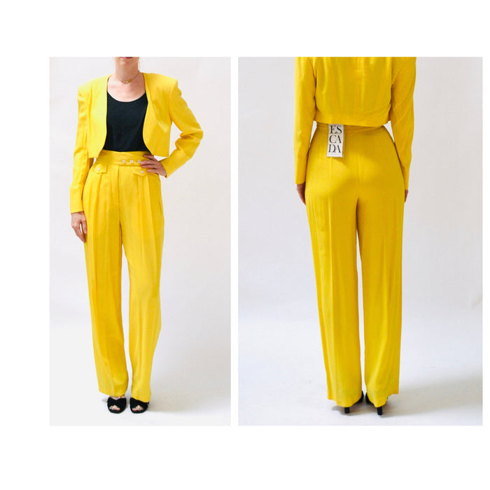 90s Vintage Yellow Suit By ESCADA Medium Yellow Cropped Bolero Jacket and High waisted Pants // Vintage 80s 90s Yellow Pantsuit Suit Medium
