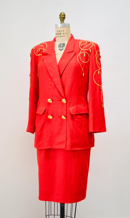 80s 90s Vintage Nautical Red Suit Jacket Blazer Skirt Red Gold Nautical Suit Linen Blazer Medium Large Lillie Rubin Boat Party Jacket Suit