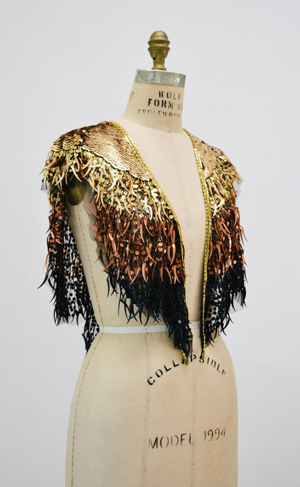Vintage Gold Black Beaded Fringe Shawl Wrap Burlesque Wedding Flapper Gold Metallic Beaded Vintage Fringe Collar Shawl GOld Shawl Sharmark
