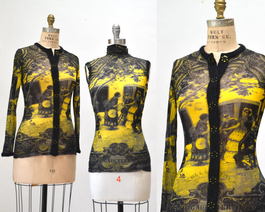 00s Jean Paul Gaultier Mesh Shirt long sleeve Spanish Black Yellow Cardigan Mesh Sheer Shirt Pop Art Fashion Party top Jean Paul Gaultier