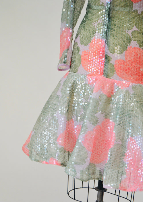 Vintage 80s Sheer Floral Print Sequin Dress by Victor Costa XS Small// 80s Sheer Sequin Prom Party Wedding Dress Long Sleeve Garden Party