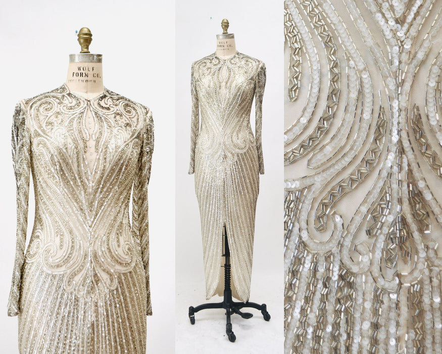 80s 90s Vintage Silver Gold White Cream Beaded Gown Dress Medium Bob Mackie Silk// Vintage Sheer Wedding Gown Beaded Art Deco Medium