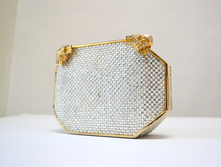 Vintage Judith Leiber Evening Bag Swarovski Crystal Minaudiere Gold Clutch Pearl Crystals Silver Gold Metal Clutch Bag wedding Purse