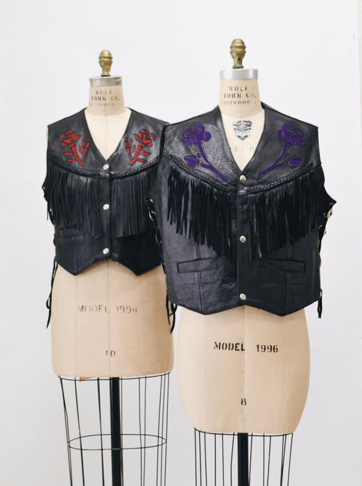 80s 90s Vintage Black Leather Fringe Vest Large PUprle Rose Fringe leather Vest Cowboy Cowgirl Rodeo Biker Festival Vest Large XL