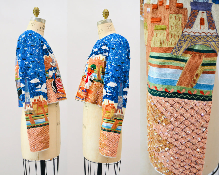 90s Vintage Jeanette Kastenberg Platinum Sequin Jacket Looney Tunes Bugs Bunny Cartoon Sequin Paris France Venice Italy Beaded Jacket