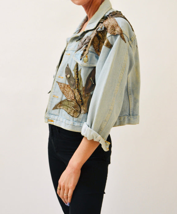 80s Vintage Denim Jacket Leather Rhinestone Medium // 90s 80s  Glam Denim Jean Jacket Womens Beaded Flower Leather Jean Jacket Art to Wear