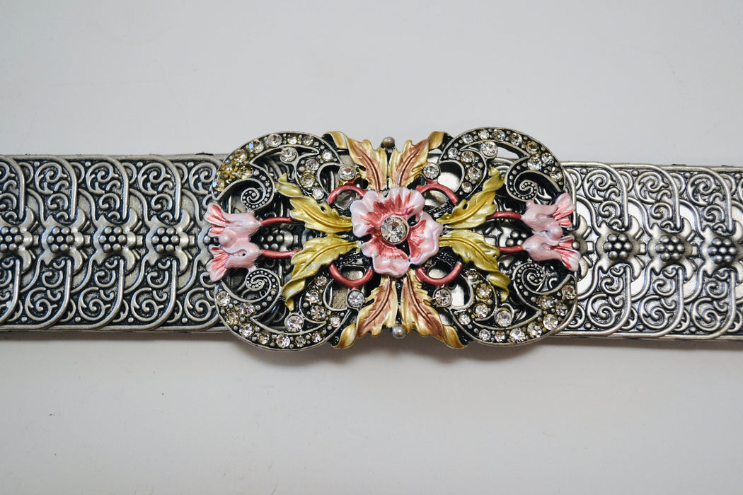 90s Y2k 2000s Vintage Silver Stretch Belt Metal Silver Rhinestone Flower Belt Buckle Western Cowgirl Silver Wedding Belt Small Medium large