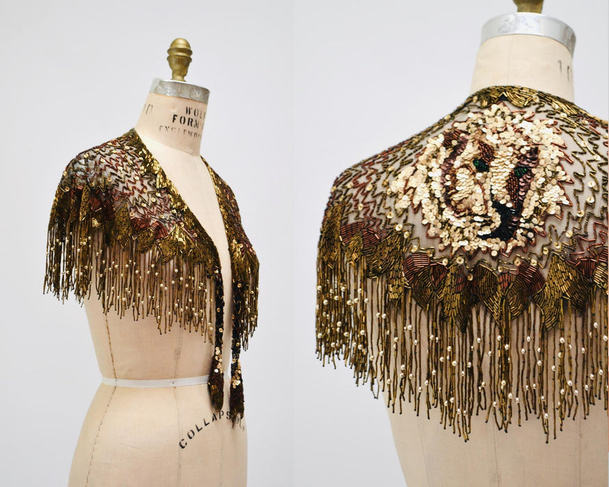 90s Vintage Metallic Beaded Sequin Fringe Shawl Lion Lioness Sequin Wrap Metallic Beaded Wrap Lion King Sharmark Las Vegas Showgirl