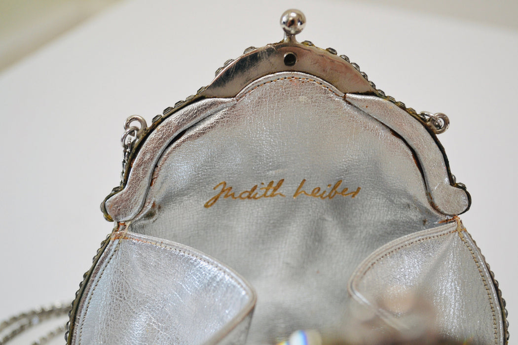 Vintage Silver Judith Leiber 1967 Chatelaine Minaudiere Swarovski Crystals Silver Hard Metal Clutch Bag wedding Purse By Judith Leiber