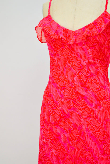 Vintage Betsy Jonhson Dress 00s Y2K Bias Cut Pink Red Dress Snake Print Chiffon Slip Dress Medium Large// 90s Pink Snake Print Tank Dress