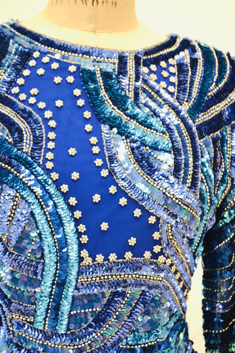 Vintage 80s 90s Blue Metallic Sequin Shirt Small Medium Blue silver Metallic// Vintage 80s Glam Sequin Shirt Long Sleeve blue Sequin Top