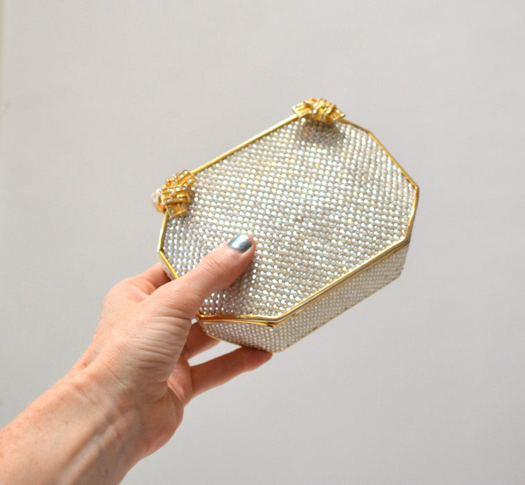 Vintage Judith Leiber Evening Bag Swarovski Crystal Minaudiere Gold Clutch Pearl Crystals Silver Gold Metal Clutch Bag wedding Purse