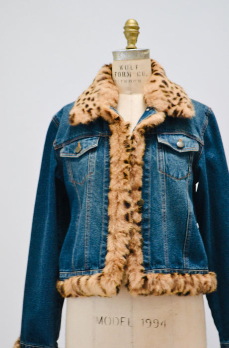 90s y2k Vintage Fur Trim Denim Jacket Leopard Print Fur Collar Jean Jacket 90s Y2k Jean Jacket Animal Leopard Print Fur Denim Jacket Medium
