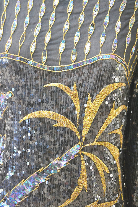 Vintage Metallic Sequin Shirt Black Art Deco Flapper Inspired Gold Palm Tree // 80s Vintage Beaded Shirt Top Black Sequins Small