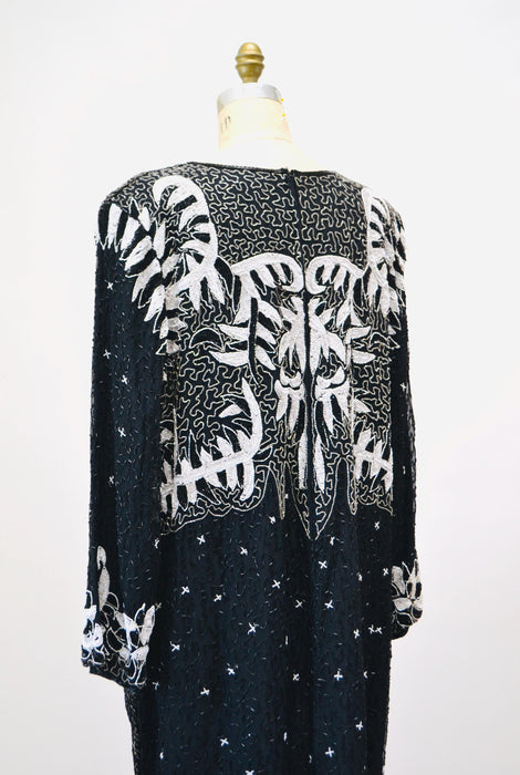 80s GLAM Vintage Black White Sequin Party Dress XL X Large// Vintage Black Sequin Dress Flapper Disco 3X Plus Size Vintage Beaded dress