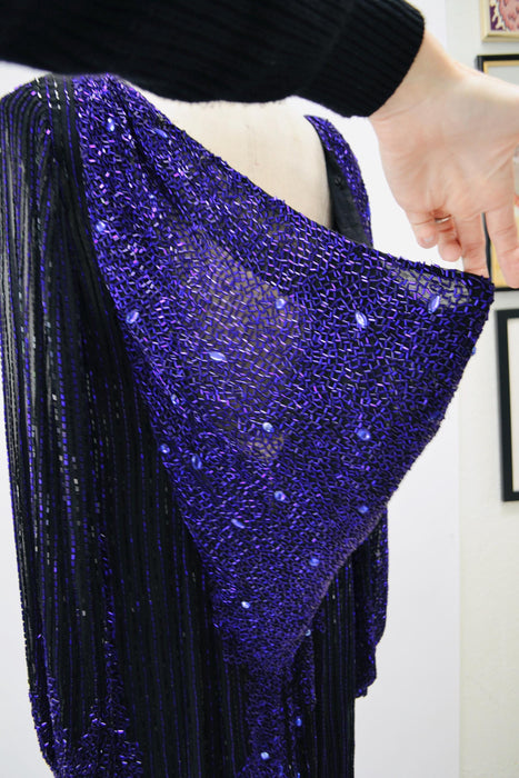 80s 90s Vintage Beaded Sequin Gown Dress Medium Large By Bob Mackie Blue Black Rhinestones Long Sleeve Blue Beaded Conservative Draped Gown