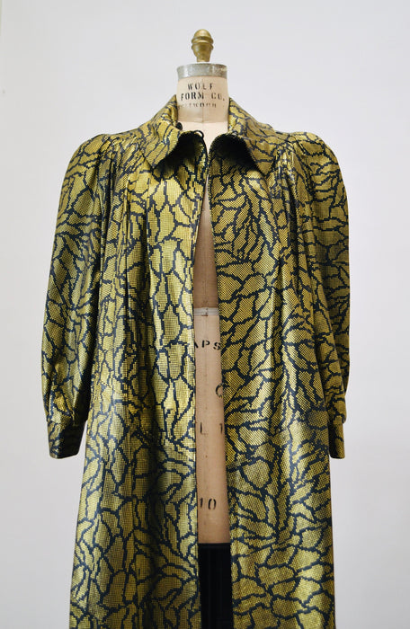 80s Vintage Black Gold Long Leather Jacket Trench Coat Black Gold Metallic Leather Swing coat Jacket Medium 80s Lillie Rubin Size 8