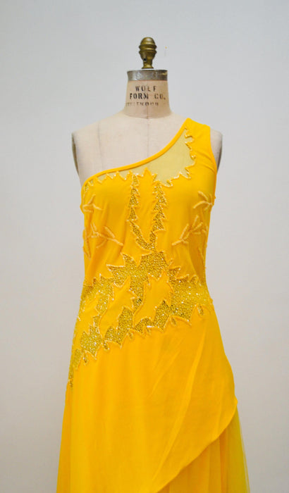 Vintage 00s Y2K Tank Dress Knit Beaded Yellow Sheer Dress Large XL// Yellow Beaded Dress Salsa Sexy One shoulder Asymmetrical Club Dress XL