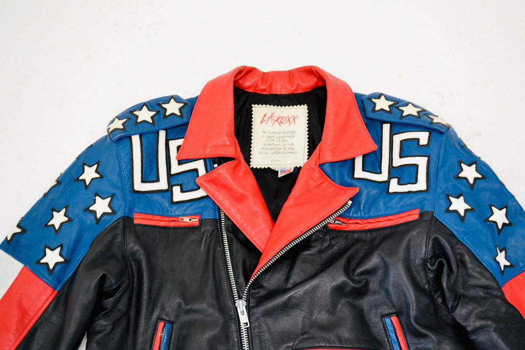 Mens Vintage Black Leather Motorcycle Jacket USA American Flag LA ROXX// Vintage Mens Leather Jacket Biker America Jacket L.A. Roxx