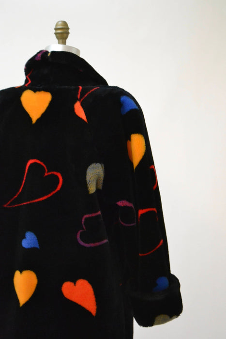 Vintage Black Faux Fur Jacket Coat with Hearts 90s pop art Rainbow Hearts Vintage Donny Brook Black with Hearts Coat Small Medium Gay Pride