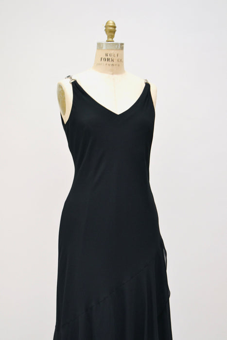 Vintage 00s Y2K Bias Cut Black Dress Black Chiffon Tank Dress Medium Large// 90s Black Tank Slip prom Bias cut Dress Medium Large