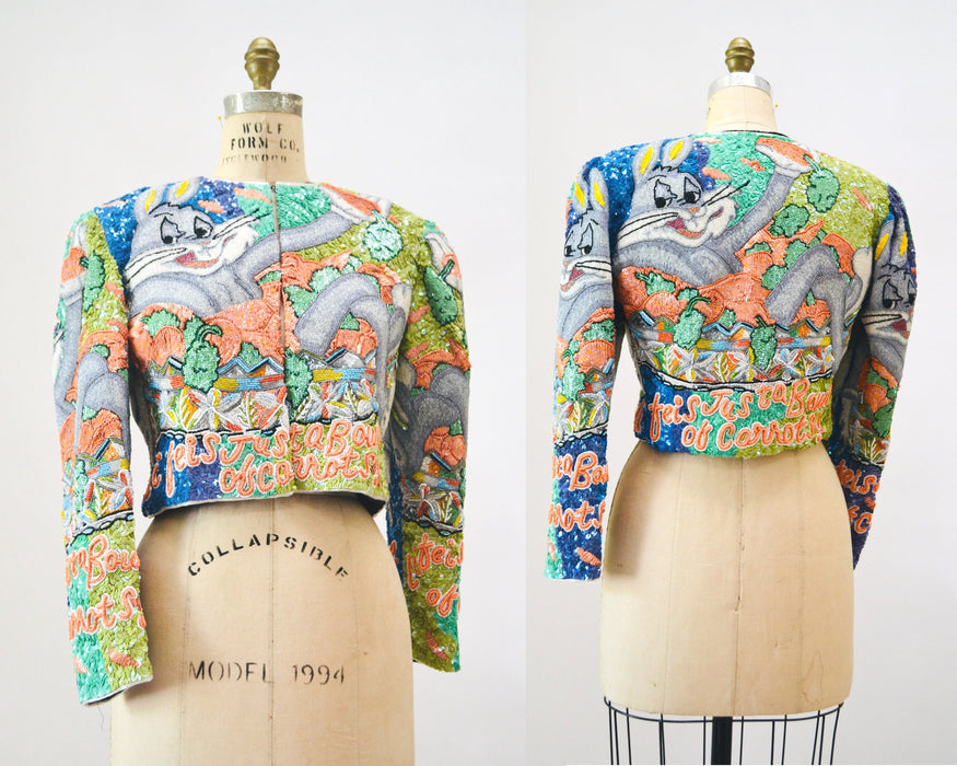 90s Vintage Jeanette Kastenberg Platinum Sequin Jacket Looney Tunes Bugs Bunny Warner Brothers Cartoon Comic Carrot Vegetarian Beaded Jacket