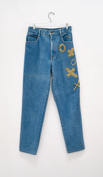 80s 90s Vintage Gold Studded Jeans Pants High Waisted Jeans Rhinestone XOXO love Gold Studded Denim Metallic jeans Small medium 4 6 8