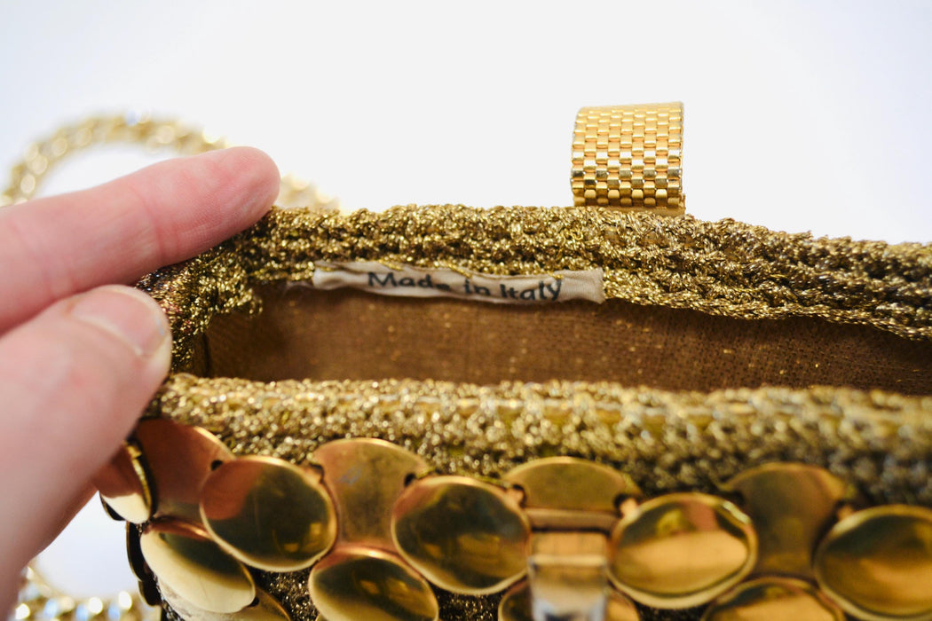 60s 70s Vintage Metallic Gold Metal Purse Chain Mail Wedding Disco Bag Made in Italy // Vintage Wedding Gold Metallic Bag Purse Paco Rabanne